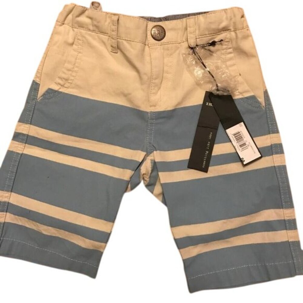 IKKS Boys Striped Beige & Blue Bermuda Slack Cargo Shorts Size 6A Cotton Blend